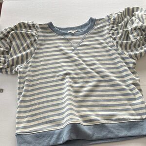 JODIFL Striped Puff Sleeve Sweatshirt in Blue and Cream